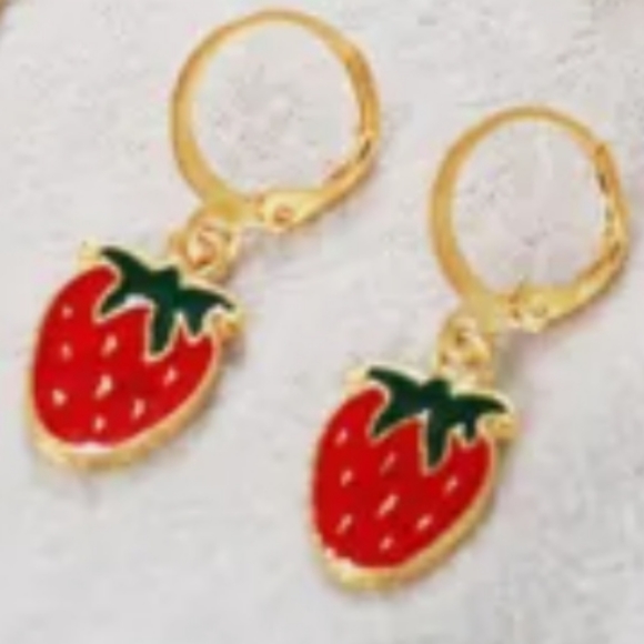 **NEW! SWEET STRAWBERRY Gold Hoop EARRINGS!! FUN FLIRTY! Minimalist Dainty - Picture 2 of 5